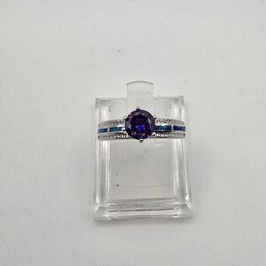 Sterling Silver Lab Opal Round Tanzanite CZ Ring